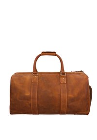 Brun læder duffel taske med to håndtag i toppen, en lynlås lukning og synlige søm detaljer. Glat tekstur med let variation i farven.