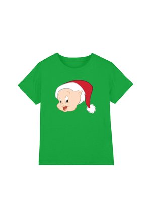 Green t-shirt featuring a cartoon pig wearing a red and white Santa hat, centered on the chest area.