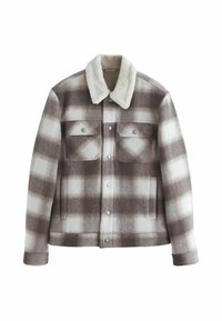 Brown and white plaid denim jacket with a faux shearling collar, featuring two chest pockets, snap buttons, and side pockets.