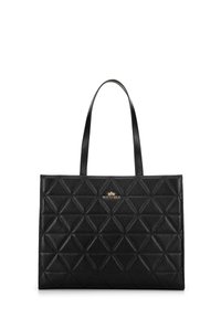 Borsa a mano in pelle nera con un motivo a diamante trapuntato, caratterizzata da manici lisci e un accento in oro con il logo sul fronte.