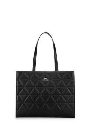 Sac en cuir noir avec un motif en losange matelassé, doté de anses lisses et d'un accent logo doré à l'avant.