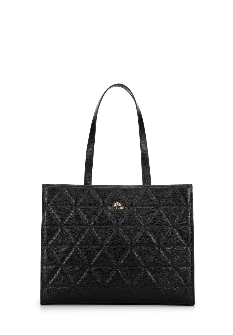Borsa a mano in pelle nera con un motivo a diamante trapuntato, caratterizzata da manici lisci e un accento in oro con il logo sul fronte.