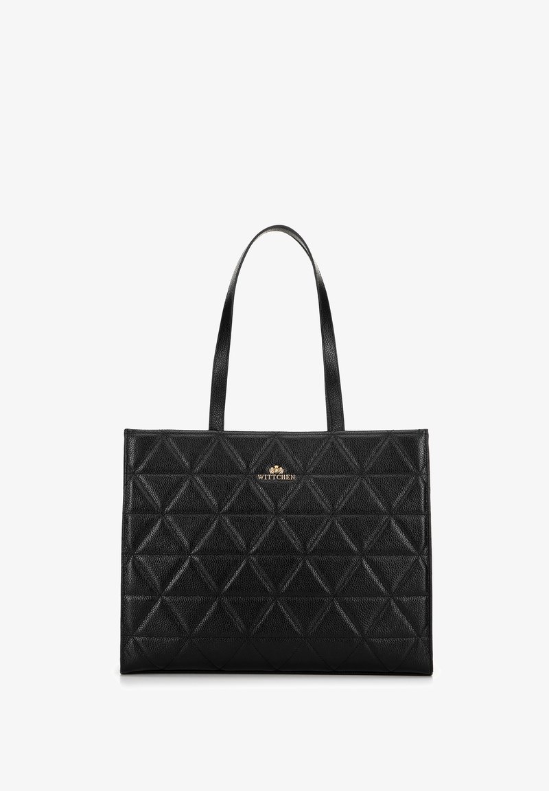 Zwarte leren schoudertas met een geborduurd diamantpatroon, voorzien van gladde banden en een gouden logoaccent aan de voorkant.