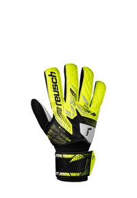 Torwarthandschuhe mit einer leuchtend neon-gelben Außenseite, schwarzen Akzenten, strukturiertem Griff und einem sicheren Handgelenkverschluss für Halt.
