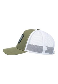 Gorra verde oliva con visera curvada, parte trasera de malla blanca y un parche frontal con un diseño gráfico colorido.