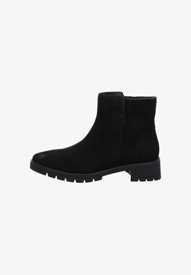 Black suede ankle boots with a low block heel, featuring a side zipper and textured rubber outsole with a zigzag pattern.