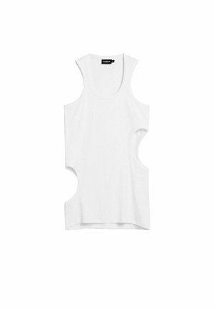 Top bianco senza maniche realizzato in tessuto morbido, con fianchi sagomati e scollo rotondo. Design semplice senza motivi o dettagli.