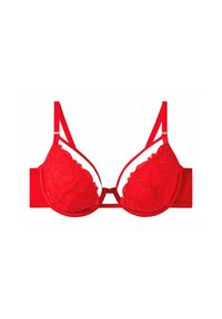 Soutien-gorge rouge en dentelle avec motif floral, bretelles ajustables et dos uni. Doté d'un soutien avec armatures et d'un bord festonné le long des bonnets.