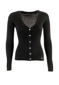 Cardigan lungo a maniche lunghe nero con coste, colletto a V profondo, sei bottoni argentati lungo il davanti e piccolo dettaglio del logo vicino all'orlo.