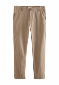 Beige chinos made of cotton blend fabric, featuring a zip fly, button closure, side pockets, and stitched detailing along seams.