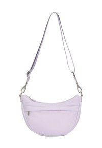 Lila nylon axelväska med en böjd form, justerbar rem och framficka med dragkedja. Utrustad med Silverfärgade detaljer.