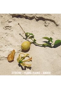 Lemon with leaves, yellow ylang-ylang flower, and amber resin on a sandy surface, labeled "Zitrone - Ylang-Ylang - Amber."