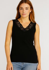 Black sleeveless top with a lace-trimmed V-neckline. Soft, stretchy fabric. Designed for a close fit, featuring no additional patterns or accents.