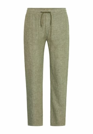 Pantaloni dintr-un amestec de in de culoare verde deschis, cu o croială lejeră, talie cu șnur și tivuri manșonate; țesătură texturată cu un model subtil.
