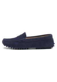 Marineblaue Wildleder-Slipper mit runder Zehenpartie, dekorativen Nähten über dem Fußbereich und einer strukturierten Gummisohle für besseren Halt.