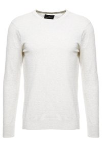 Hellgrauer Rundhalspullover aus weichem Stoff, mit langen Ärmeln und gerippten Bündchen und Saum. Minimalistisches Design ohne Muster.