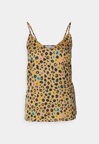 Camisola de alças com padrão de leopardos em bege com detalhes em preto, rosa, azul e amarelo. Apresenta alças finas e um decote redondo. Tecido leve.