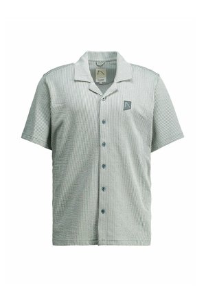 Kortärmad blouse met knopen en dunne verticale grijze strepen, met een klein logoplaatje op de linkerborst.