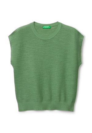 Green sleeveless knitted sweater with a round neckline and ribbed hem. Features a textured finish and relaxed fit.