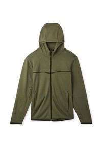 Felpa verde oliva con zip intera, cappuccio regolabile, tasche laterali e cuciture in accentuazione nera. Realizzata in materiale morbido ed elastico.