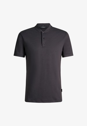 Black short-sleeve polo shirt with a band collar and three black buttons on the placket.