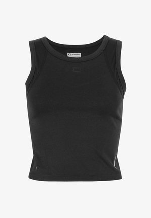 Canotta atletica nera con design aderente, realizzata in tessuto liscio. Presenta una scollatura rotonda e cuciture rinforzate per una maggiore durata.