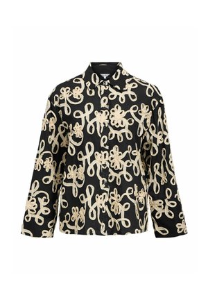Camicia nera a maniche lunghe con bottoni, con motivi floreali e a loop ricamati in beige su tutta la superficie.