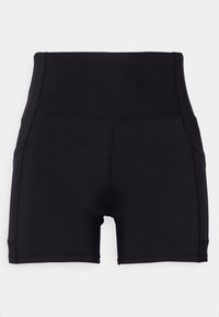 Černé kraťasy s vysokým pasem z elastické látky, s elegantním designem bez viditelného kování nebo ozdob.