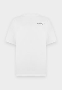 White cotton t-shirt with short sleeves, crew neckline, and small black text logo on the left chest. Smooth texture and standard fit.