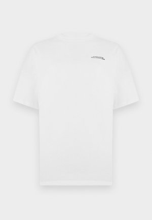 White cotton t-shirt with short sleeves, crew neckline, and small black text logo on the left chest. Smooth texture and standard fit.