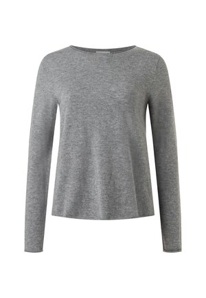 Long-sleeve, light grey knit sweater with crew neckline and slightly flared hem, displayed on a white background.