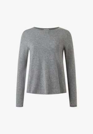 Maglione a maniche lunghe, grigio chiaro, in maglia, con scollatura a girocollo e orlo leggermente svasato, presentato su uno sfondo bianco.