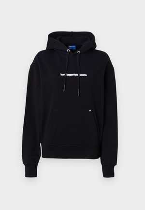 Zwarte hoodie van katoen. Voorzien van een voorzak, trekkoorden en een wit tekstlogo op de borst. Zachte textuur en een comfortabele pasvorm.