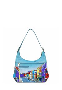 Turquoise lederen handtas met een gebogen vorm. Bevat een ritsvak, kleurrijk beschilderde gebouwen langs de onderste helft en gouden hardware.