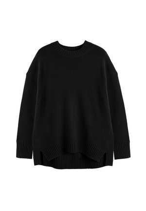 Black knit sweater with a relaxed fit, ribbed cuffs, and hem. Features a round neckline and a slightly longer back hem. Simple design.