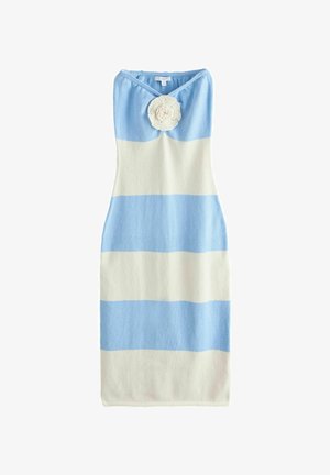 Ribade puuvillane kleit helesinises ja valges, millel on lilleline heegeldatud aktsent kaeluses ja lihtne ilma varrukateta disain.