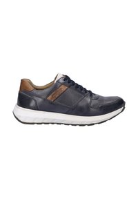 Marineblaue Ledersneaker mit strukturiertem Design, hellbraunen Lederakzenten und einer weißen sportlichen Sohle. Verfügt über eine Schnürung und ein gepolstertes Innenleben.