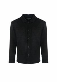 Giacca in suede nero con colletto, chiusura frontale a bottoni e due tasche sul petto. Maniche lunghe con polsini abbottonati. Texture liscia.