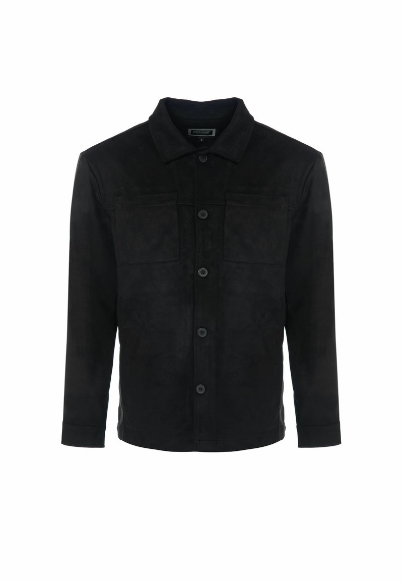 Giacca in suede nero con colletto, chiusura frontale a bottoni e due tasche sul petto. Maniche lunghe con polsini abbottonati. Texture liscia.