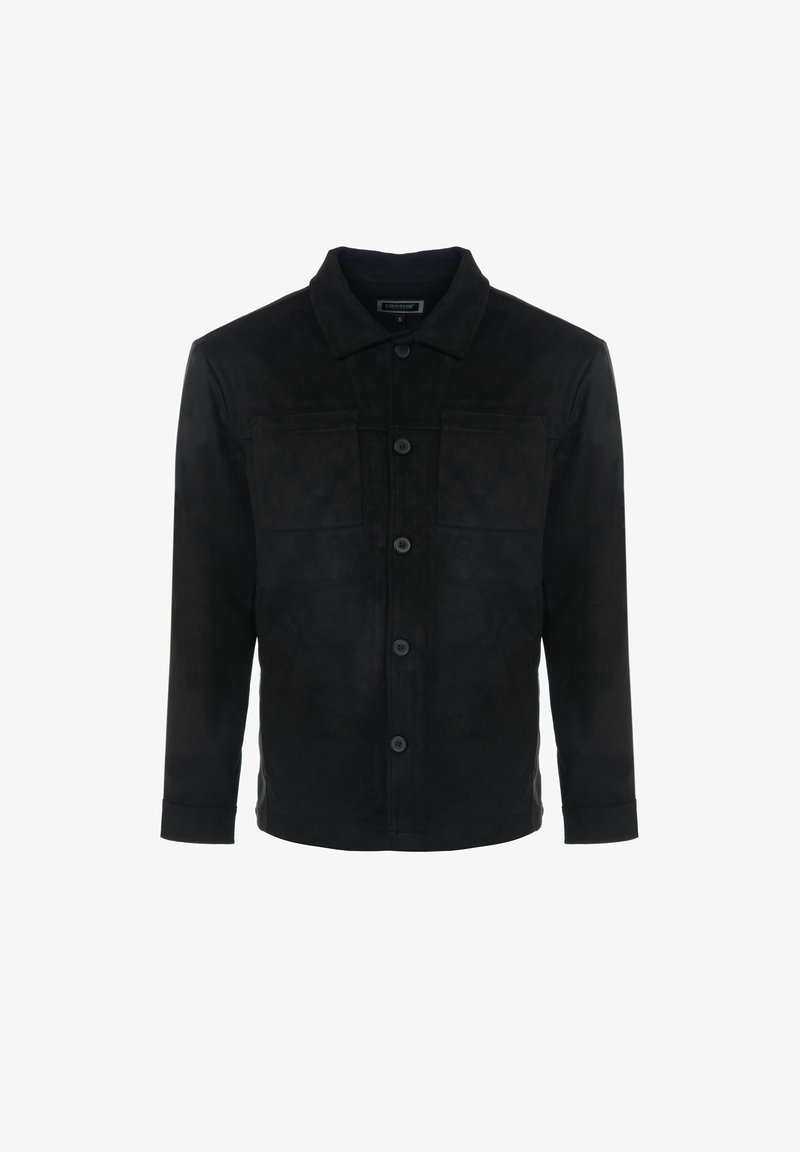 Must mustang jakk, millel on krae, esine nööpide sulgemine ja kaks rinna taskut. Pikad varrukad nööpidega mansettidega. Sile tekstuur.