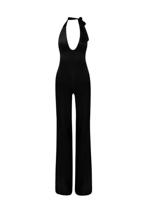 Zwarte halter jumpsuit met een diepe V-hals, vloeiende wijde pijpen en een strikdetail bij de hals. Gemaakt van een zachte, lichte stof.
