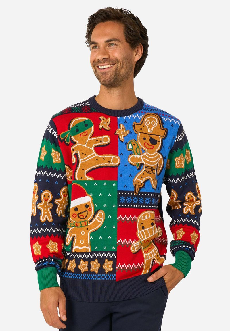 Värvikas kootud kampsun, millel on piparkoogitegelased punastes, rohelistes ja sinistes sektsioonides mustritega, ümmarguse kaelusega ja soonikkoes varrukasäärtega.