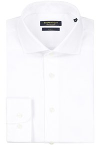 Witte slim-fit dress shirt gemaakt van gladde stof. Beschikt over een klassieke kraag, knoopsluiting en enkele manchet met twee knopen.