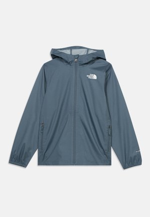 Blå letvægts regnjakke med hætte, fuld lynlås, lynlåslommer i siden, elastiske manchetter og The North Face-logo på bryst og ærme.