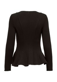 Figurtilpasset sort langærmet jakke med sammensyninger og flagrende, peplum-stil kant, vist fra ryggen.