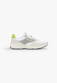 Sneaker leggera con un mix di materiali bianchi, grigi e verdi, dotata di collare imbottito, chiusura con lacci e suola testurizzata.
