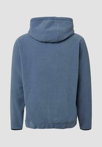 Fleece hoodie in zachte blauwe stof met een capuchon. Heeft lange mouwen, een relaxte pasvorm en ribbelboorden en zoom. Gladde textuur overal.