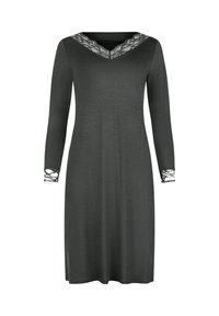 Robe gris foncé avec manches longues, décolleté en V et accent en dentelle au niveau du décolleté et des poignets, présentant une texture lisse et douce.