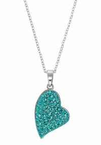 Collana con pendente a forma di cuore turchese, con una catena in argento, caratterizzata da una superficie testurizzata impreziosita da cristalli scintillanti.