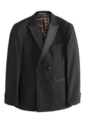 Blazer nero doppiopetto con risvolti in raso, tasche frontali e bottoni decorativi. L'interno presenta una fodera geometrica con motivo dorato.